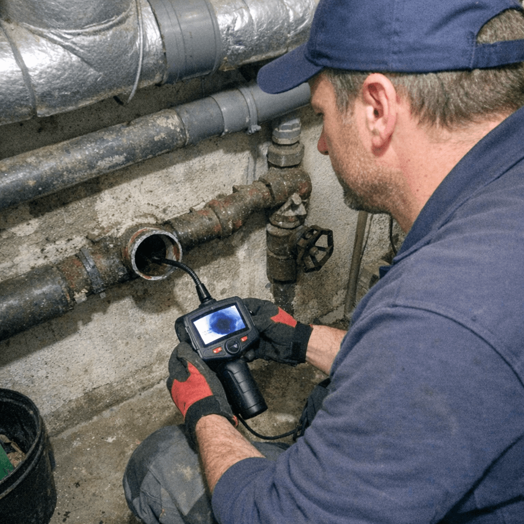 Techniker prüft Anlage mit digitaler Kameratechnik